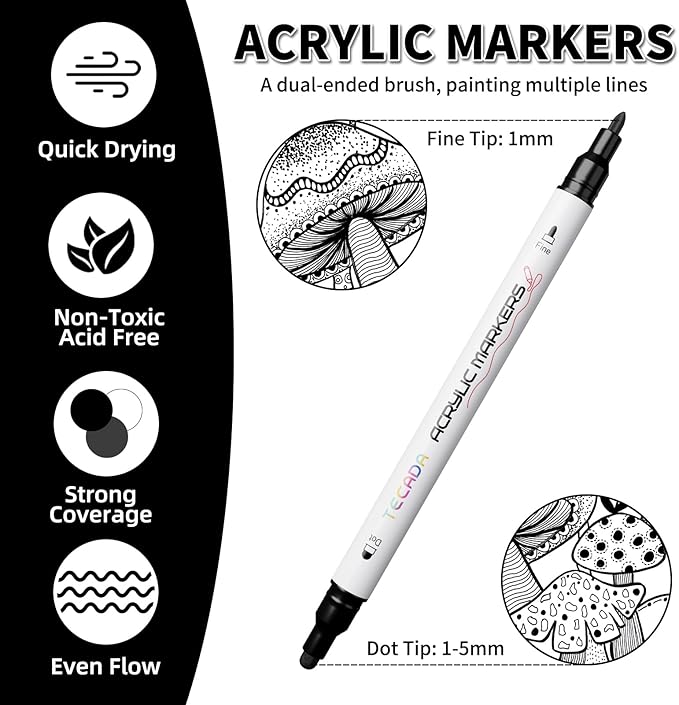 6 Black Acrylic Paint Markers, Dual-Tip Acrylic Paint Pen for Rock, Fabric, Wood, Plastic, Canvas, Ceramic, Glass, Metal, DIY Crafts Art Supplies, Dot and Fine Tips