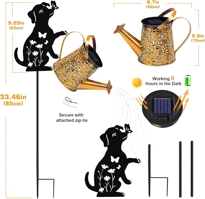 ZFNN Solar Garden Decor Lights, Outdoor Waterproof Solar Watering Can with Cascading Lights, Metal Dog Silhouette Stake Yard Art for Outside Lawn Patio, Unique Gardening Gifts for Women Mom