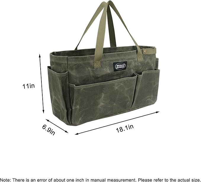 Portable Garden Camping Tool Storage Bag,Waxed Canvas Firewood Carrier Tote bag,Collapsible Sturdy Garden Basket Great for Women, Gardener, Electrician, Repairer(Army Green)