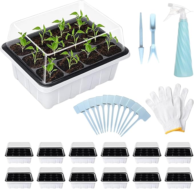 Seed Starter Tray, 12 Pack 144 Cells Thicken Seed Starter Kit Seed Starter with Humidity Dome Seed Starting Trays Plant Starter and Base Mini Greenhouse Germination Kit (White)