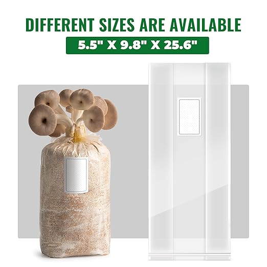 Large Extra Thick 100 Packs Mushroom Grow Bags, 6 Mil Spawn Bags 5.5" X 9.8" X 25.6" with 0.2 Micron Filter Breathable Autoclavable Durable