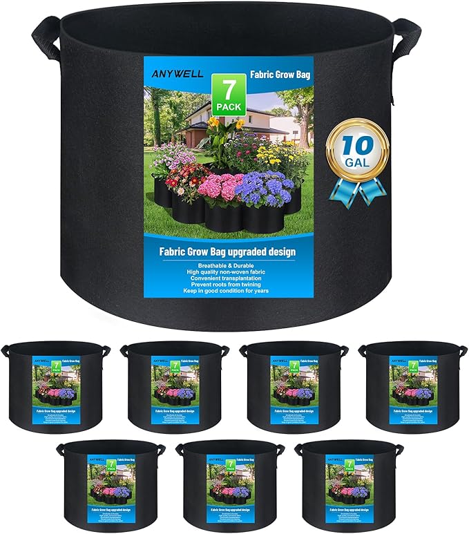 7-Pack 3-30 Gallon Plant Grow Bags 10 Gallon, Heavy Duty Thickened Fabric Planters Pots, Fabric Pots with Handles, Nonwoven Fabric Bags Suitable for Vegetables Flowers Mushroom (10 Gallon)