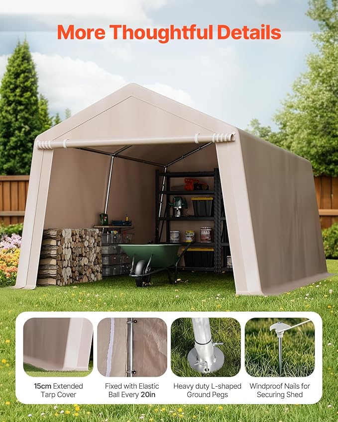 VEVOR 10x15 ft Instant Garage Portable Carport Car Canopy, Outdoor Portable Storage Shed with Roll-up Zipper Door and Ventilated Windows for Cars, Garden Tools