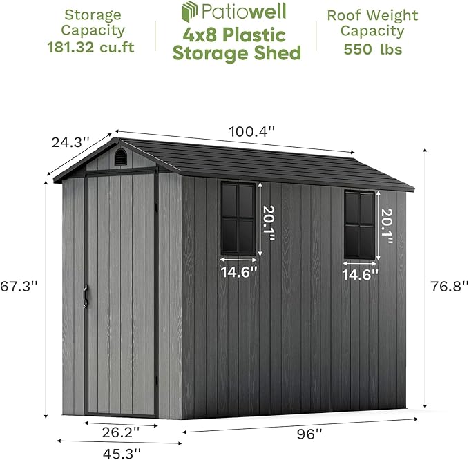 Patiowell 4x8 FT Plastic Outdoor Storage Shed with Floor, Garden Tool Shed with Two Windows and Single Lockable Door for Garden, Backyard, Lawn, Easy to Install, Dark Grey