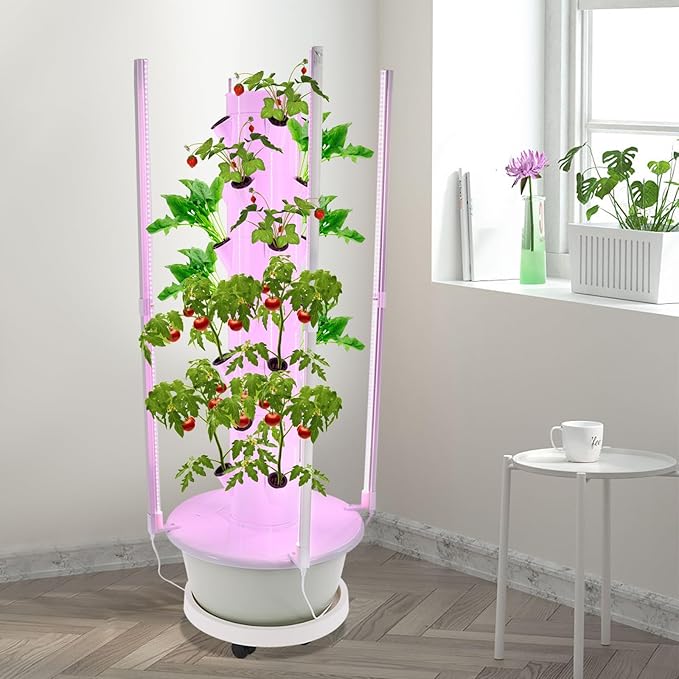 Hydroponic Growing System with LED Grow Lights, 28 Pods 7 Tiers Vertical Hydroponic Tower, Home Hydroponic Garden with Water Pump, Timer, Plants Germination Kit for Herbs, Fruits, Vegetables