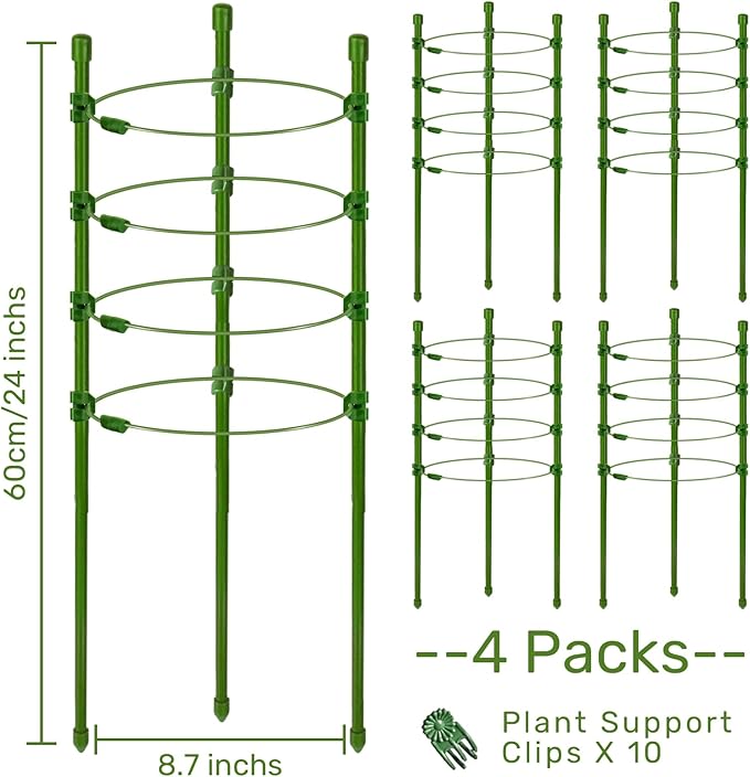 Legigo 4 Pack 24 Inch Plant Support Cages Tomato Cage for Garden- Plant Cages Adjustable Rings, Tomato Plant Support Stakes Trellis for Pots, Peppers, Cucumbers and Flowers with 10 Plant Clips