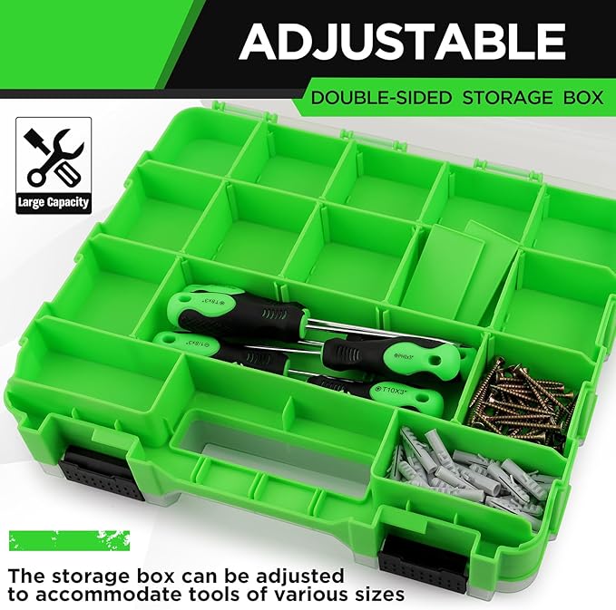 Small Parts Tool Box Organizer, 2-Packs Double-sided 34-Compartment Storage Tool with Removable Dividers, Plastic Storage for Hardware, Screws, Bolts, Nails, Nuts, Jewelry and Fishing Accessories