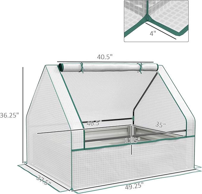 Outsunny 4 x 3 x 1ft Raised Garden Bed with Mini Greenhouse, Galvanized Outdoor Planter Box with Cover, for Herbs and Vegetables, Use for Patio, Garden, Balcony, White Cover and Silver Planter