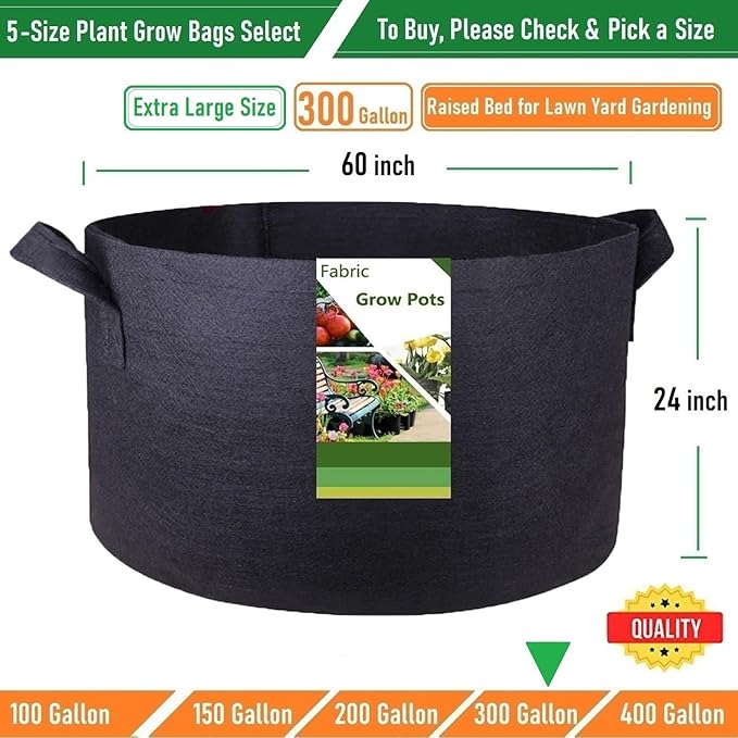 300 Gallon Big Raised Garden Bed Bag (60x24 inch) Large Plant Grow Bag for Potato,Tomato Planter,Herbs Veggies Planter,Flower Bed,Plant Container,Yard Waste,Lawn Debris,Leaf Bag with Gardening Gloves