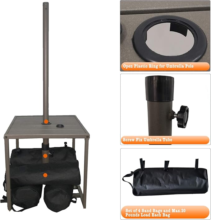 Patio Umbrella Table Stands with Umbrella Hole,with 4 Sand Bags Outdoor Umbrella Bases Small Square Table for Bistro,Balcony, Backyard, Patio, Garden, Deck and Pool Occasions