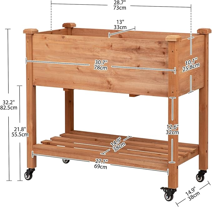 Raised Garden Bed with Lockable Wheels, 32x16x32 inch Elevated Wood Planter with Storage Shelf Protective Liner for Vegetable Flower Herb Outdoor Balcony Patio Backyard, Brown