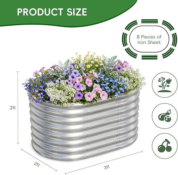 AHEONLAR 3Pack 3x2x2ft Galvanized Raised Garden Beds Outdoor, Oval Raised Beds for Gardening Metal Planter Boxes for Planting Vegetables, Fruit, Herb, Silver