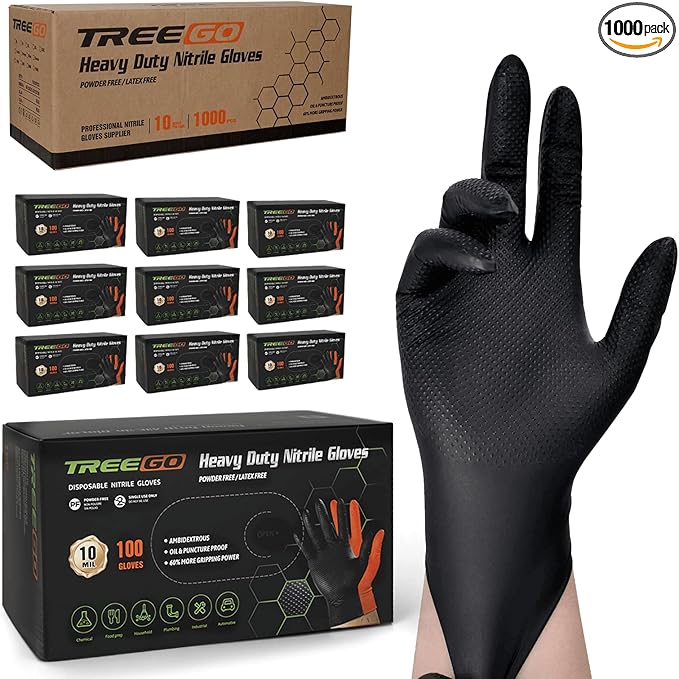 TREEGO 10 Mil Black Nitrile Gloves Bulk Case, 1000 Count X-Large — Heavy Duty Diamond Grip, Latex Free Disposable Gloves for Automotive, Industrial, Construction & Workshop Teams