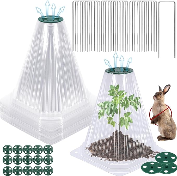 20 Pack Garden Cloches for Plants with 40PCS Ground Stakes,Clear Reusable Bell Covers with Rotatable Vent for Plant Protection,Garden Protector from Animals Birds Chicken,7.9" H X 6.7" D