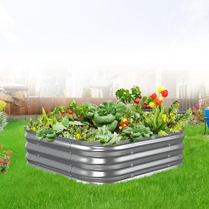 Galvanized Raised Garden Bed, 4x4x1ft Garden Planter Bed Outdoor, Heavy Duty Rustproof Steel Raised Bed Kit for Gardening Vegetables Fruits Flowers Grow, Silver