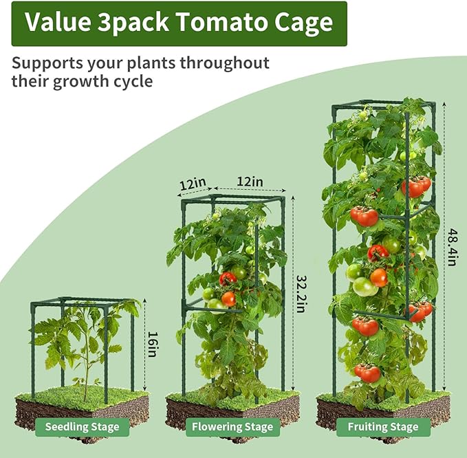 3 Pack 48" Tomato Cage for Garden, Heavy Duty Adjustable Plastic Coated Steel Pipe Tomato Stakes Trellis Plant Cages for Vegetable, Fruit, Flower, Rose Vine Climbing Plants