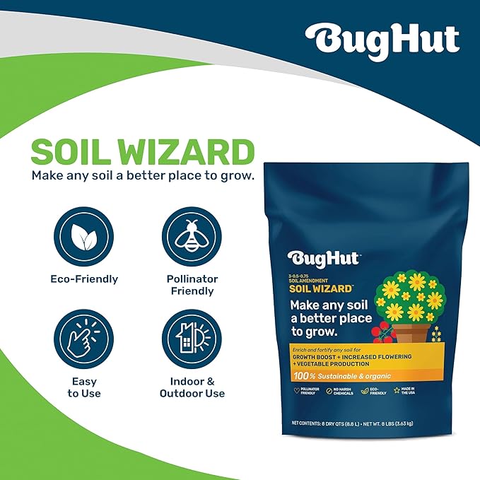 BugHut Soil Wizard Organic Soil Amendment – All Purpose Plant Food for Houseplants, Vegetables, Flowers, and Herbs - Chemical-Free Nutrient Source for Indoor & Outdoor Gardens - 8 lbs.