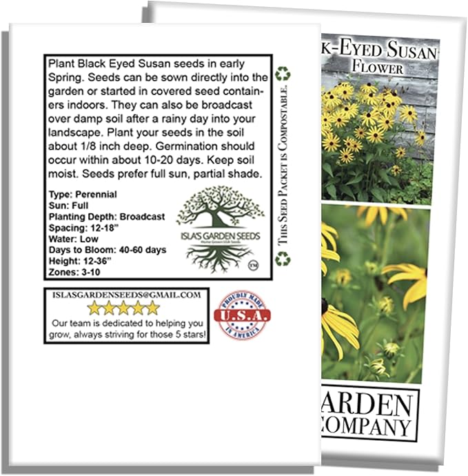 Black Eyed Susan Seeds (Rudbeckia hirta) – 3000+ Non-GMO & Heirloom Flower Seeds, Bright Yellow Blooms with Dark Centers, by Isla’s Garden Seeds, Great for Pollinators & Wildflower Gardens
