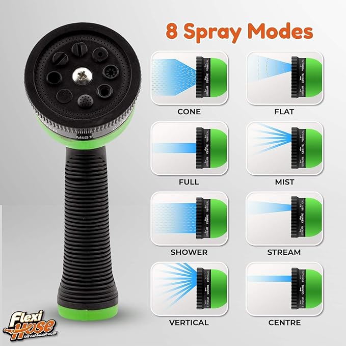 Flexi Hose with 8 Function Nozzle, 50FT - Lightweight Expandable Garden Hose, No-Kink Flexibility, 3/4 Inch Solid Brass Fittings and Double Latex Core - Green