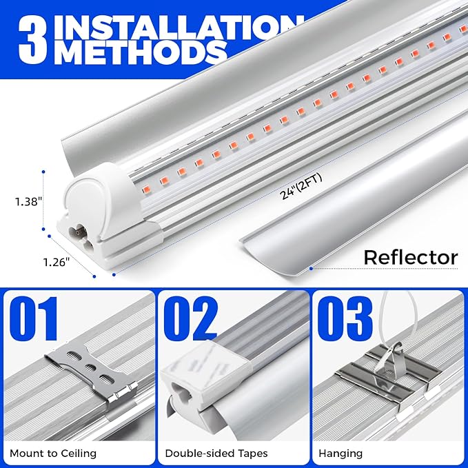 Barrina LED Grow Lights for Indoor Plants, T8 2FT 96W(4 x 24W, 600W Equivalent), Full Spectrum, V-Shape with Reflector Combo, Grow Light Fixture, 4-Pack