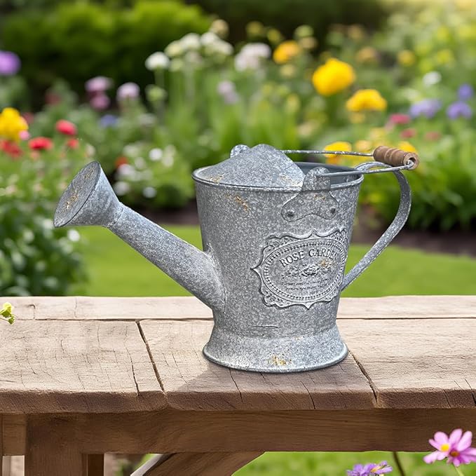 Vintage Metal Watering Can with Wooden Handle, Watering Can for Indoor/Outdoor Plants, Shabby Chic Decor for Home Balcony Courtyard Garden Gray