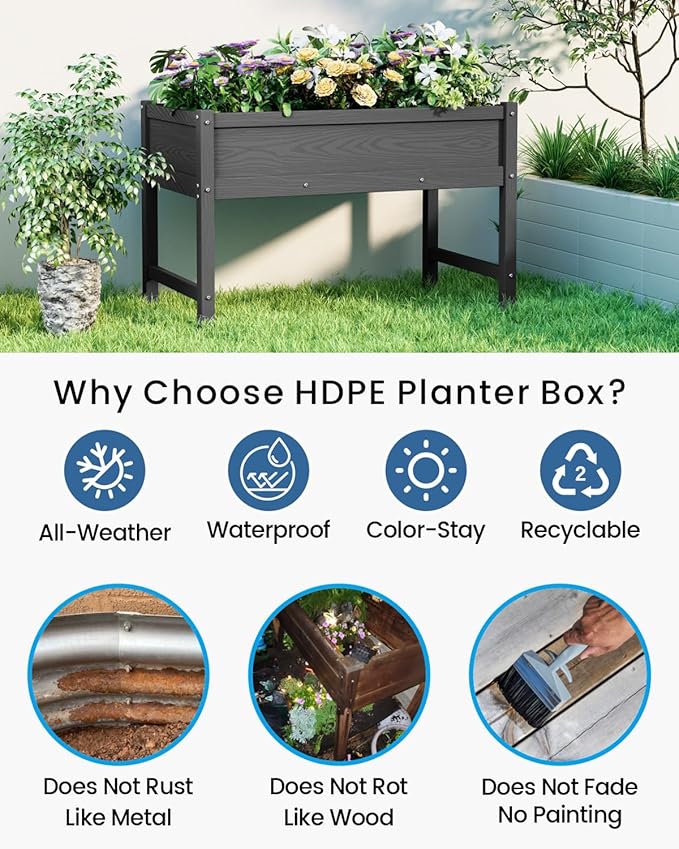 HDPE Raised Garden Bed with Legs, Outdoor All-Weather Elevated Planter Box Raised Beds for Seeds, Herb, Flower, Vegetable (Black)