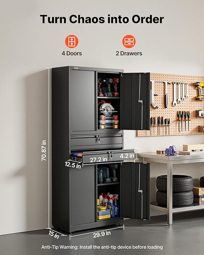 VEVOR Metal Storage Cabinet, 180 lbs Shelf Load Capacity, 70.87" Tall Garage Tool Storage Cabinet with 4 Locking Doors and Adjustable Shelves, 2 Drawers, for Garage, Home, Office, Utility Room, Black