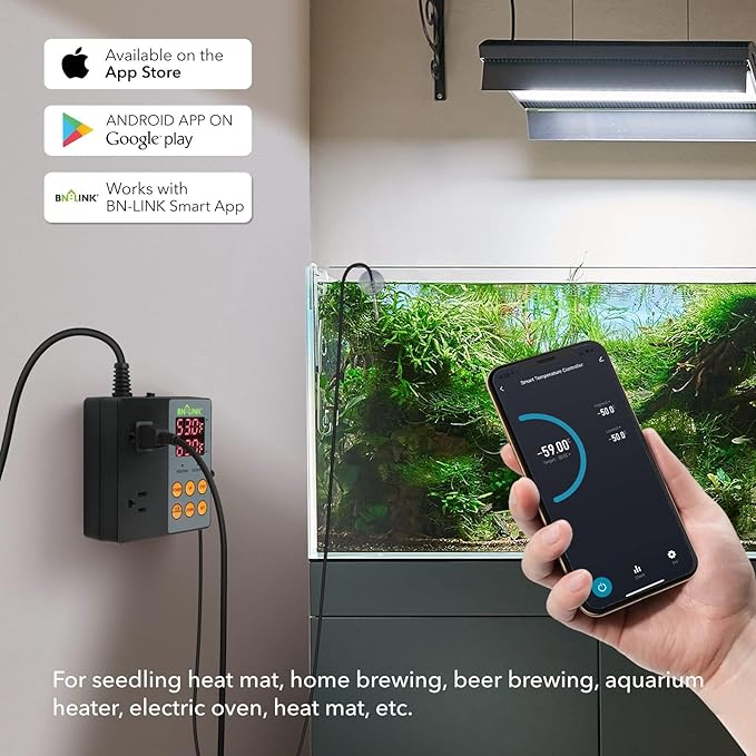 BN-LINK Smart WiFi Digital Temperature Controller Heating Cooling, Works with Alexa and Google Home. For Reptiles Aquarium Carboy Homebrew Breeding Fermenter Seed Germination °C/°F -40-176°F 15A/1875W