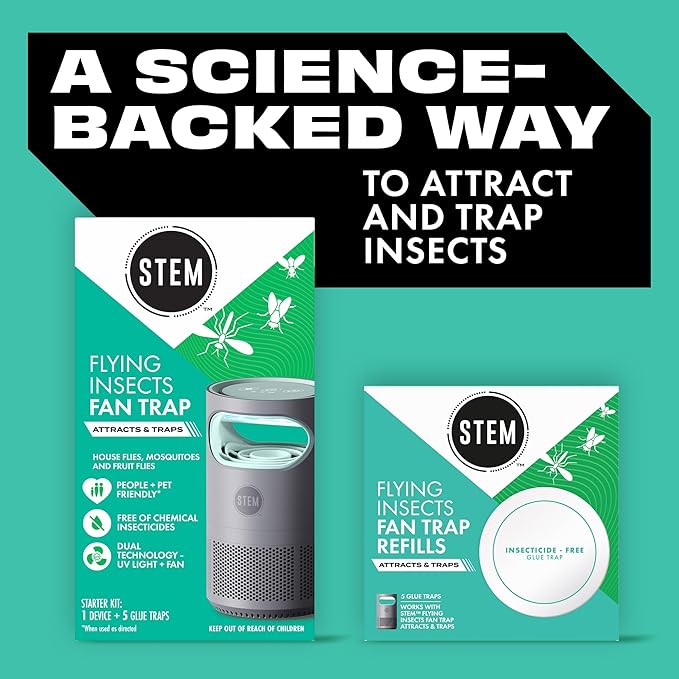 STEM Flying Insect Fan Trap for Indoor Bug Control, Attracts Mosquitoes, Fruit Flies, and House Flies, Plug-in Fan with UV Light, Starter Kit Includes 1 Device and 5 Glue Traps