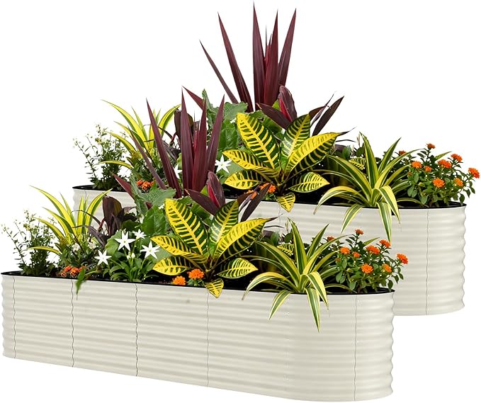 Garvee 2 Pack 8x2x1.5ft Galvanized Raised Garden Bed Kit, Oval Metal Planter Boxes with Anti-Cut Safety Edges, Rust-Resistant Deep Root Planters for Outdoor Vegetables, Flowers, Herbs, Beige