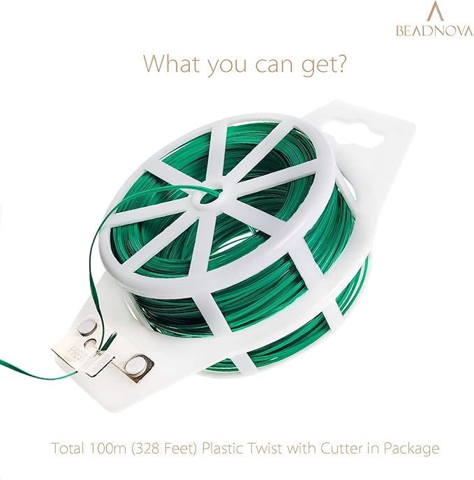 BEADNOVA Twist Tie 328 Feet (100m) Bread Ties Gardening Ties Green Plant Ties Multipurpose Plastic Coated Plant Twist Tie with Cutter for Potted Plants Garden Office and Home