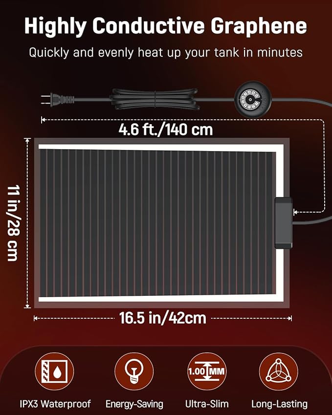 Pawfly 40 W Reptile Heat Pad with Thermostat 16.5 x 11 Inch Reptile Heating Pad Under Tank Terrarium Reptile Heat Mat for Turtles Frogs Snakes Lizards Geckos Hermit Crabs & Spiders