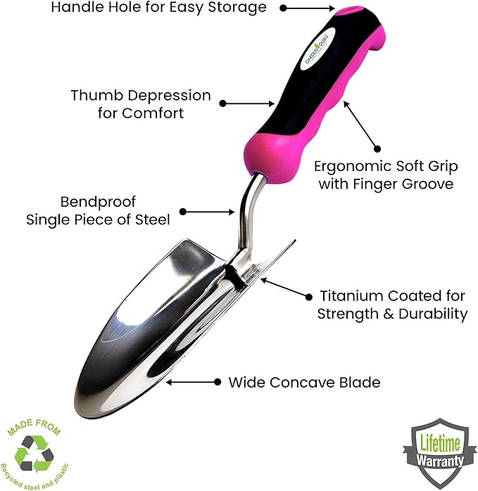 Garden Guru Super Strong Garden Trowel Hand Shovel - Stainless Steel - Rust Resistant - Ergonomic Grip - Perfect Tool for Gardening, Weeding, Transplanting and Digging in Garden Beds (Pink 2 Pack)