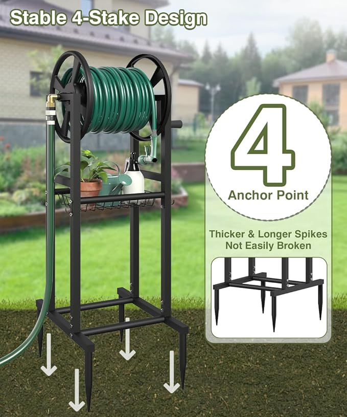 Freestanding Garden Hose Reel holds 125ft Hose of 5/8" with 4 Hooks, 4-Spike Outdoor Hose Holder with 3.9ft Leader Hose & Brass Fitting, Detachable Metal Hose Stand with Storage Rack, Black