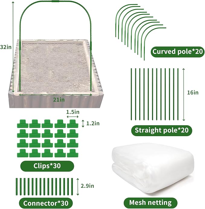 Garden Netting Kit for Raised Beds, 8x40ft Ultra Fine Mesh Netting & 10 Sets Garden Hoops with Clips, Row Cover Net Protection Plant Covers Set for Greenhouse Vegetable Fruits Flowers Barrier