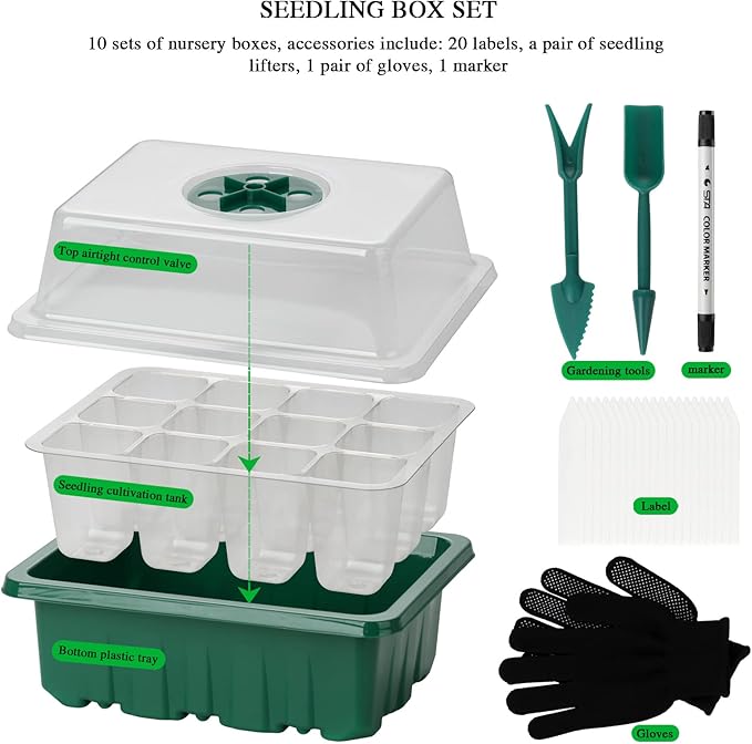 10 Pack Seed Starter Trays Seedling Tray, 120 Cells Humidity Adjustable Seed Starter Kit with Dome & Base, Greenhouse Germination Grow Trays Mini Propagator for Seeds Growing Starting