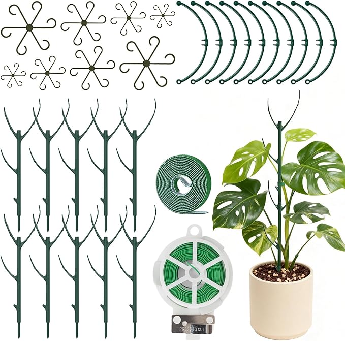 30Pcs Plant Stakes for Indoor Plants, Stackable Monstera Stake with Stem Supports & Garden Wire for Monstera, Pothos, Money Plant, Outdoor Plants