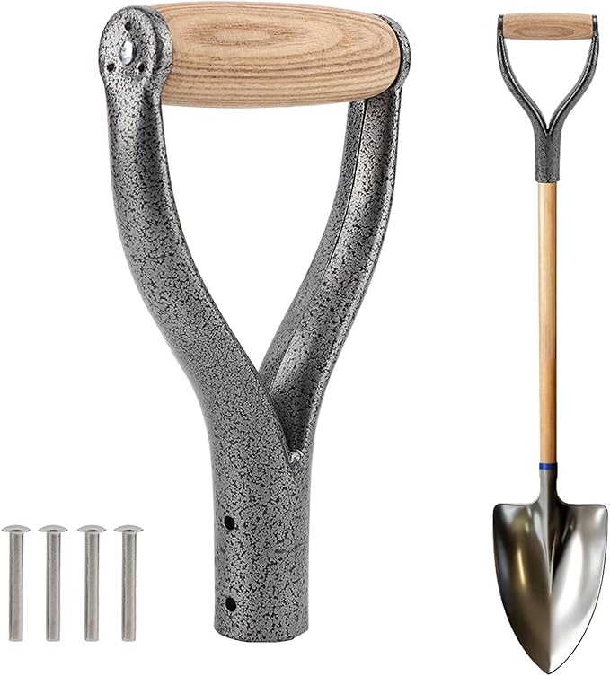 Shovel D Grip Handle, 32mm Inner Diameter Metal Shovel Replacement Handle with Wooden Grip Spade Snow Scoop Digging Raking Tools with 4 Rivets for Digging Raking