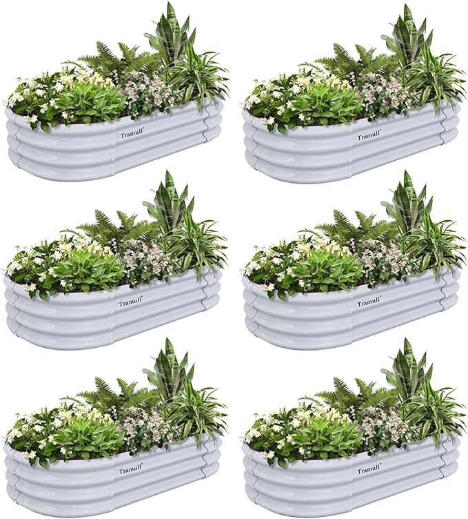 6 Pack 4x2x1ft Galvanized Raised Garden Bed Kit Oval Metal Ground Planter Box Outdoor Bottomless Planter Raised Beds for Vegetables Flowers Herbs Fruits, Gray