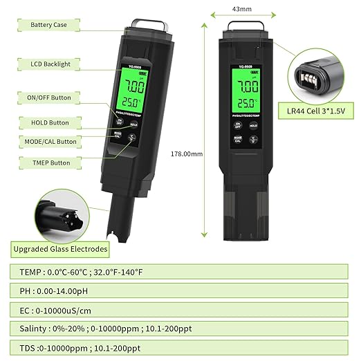 PH Meter,5 in 1TDS Meter,Salinity Tester,EC Meter,Temp,pH Meter for Water,TDS Meter Digital Water Tester,EC Meter Hydroponics,pH Tester Digital PPM Meter,Pool Salt Tester.