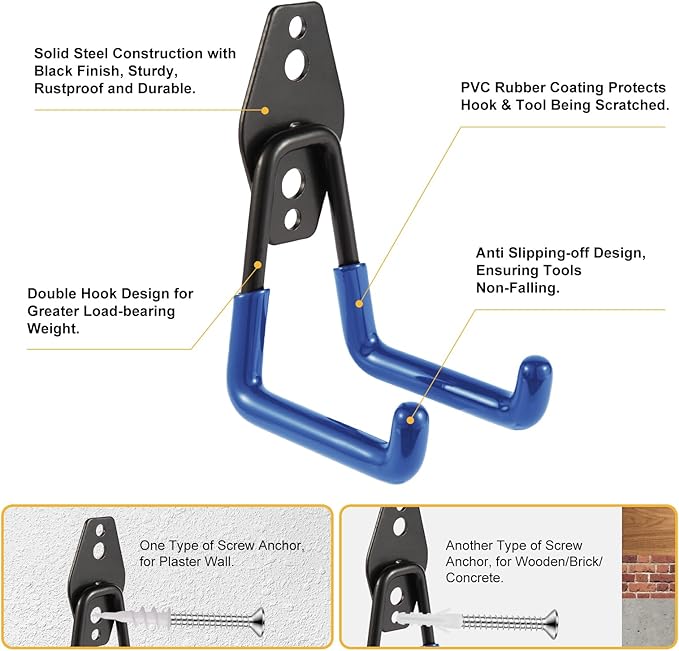 Steel Garage Hooks Wall Tool Organizer, 12 Pack Garage Storage Hook Heavy Duty Utility Storage Hangers Blue for Ladders, Ropes, Garden Tools