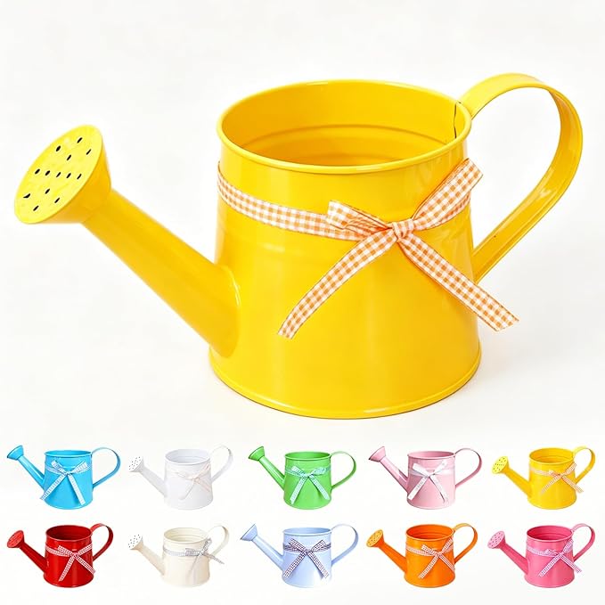 White Metal Watering Can 1 Gallon, Small Galvanized Steel Watering Can with Sprinkler Head for Indoor and Outdoor Plants, Vintage Decorative Gardening Tool (Yellow)
