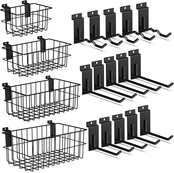 3-H Heavy-Duty Slatwall Accessories 15 Pack and Slatwall Baskets 4 Pack, Slatwall Hooks & Hangers Multi Sizes for Use in Garage, Workshop, Store, and Studio for Organization and Display