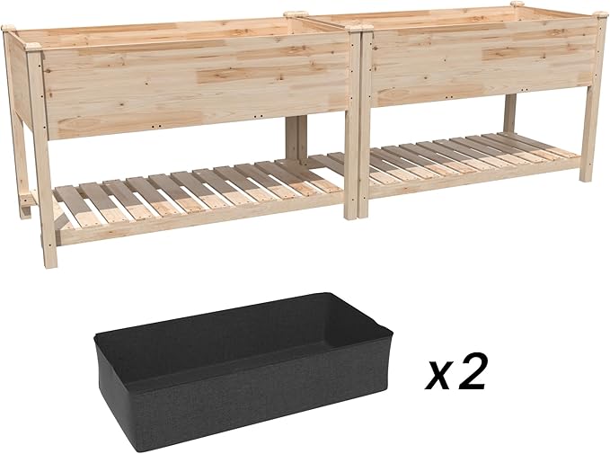 Gotland 2pcs Raised Garden Bed with Legs, Raised Beds for Gardening with Storage Shelf Bed Liner Drainage Holes, Wooden Planter Raised Beds, Raised Planter Box Backyard, Patio, Balcony, Natural