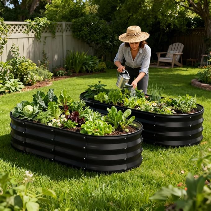 COMHOMA 2 Pack Raised Garden Bed 4x2x1ft,Galvanized Metal Planter Box Kit for Outdoor Gardening,Large Vegetable Flower Growing Beds with Gloves Tools,Black