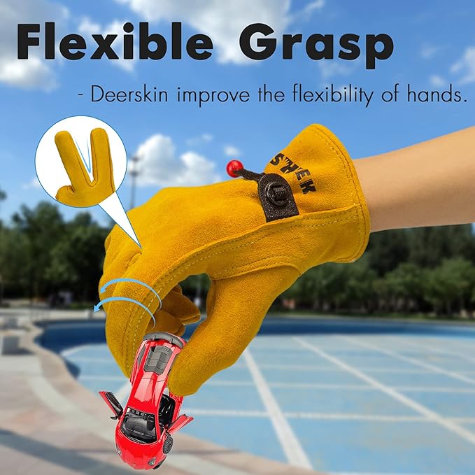 Kids Work Gloves, Medium, Yellow, 5-7 Years Old, Genuine Leather, Anti-Skid, Ergonomic Design, Reflective, Flexible, Breathable, Protective Glove