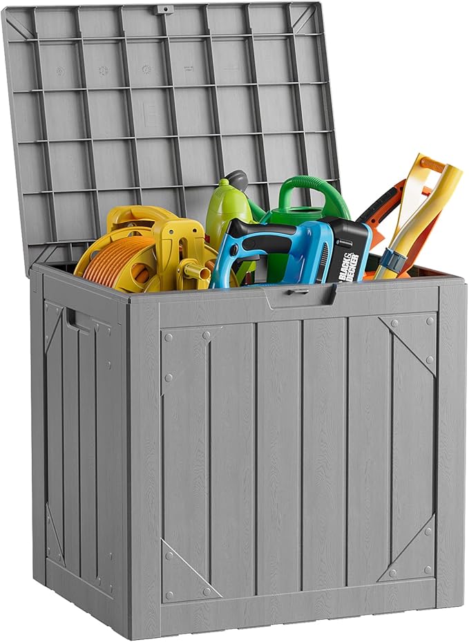 Outdoor Storage Box - 31 Gallon Waterproof Resin Deck Box, Lockable Patio Storage Bench for Package Delivery, Cushions & Garden Tools, UV Resistant (Grey, 31 Gal)