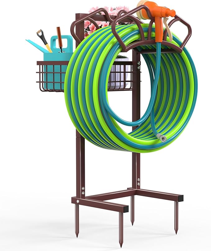 Upgraded Garden Hose Holder with Large Basket, Heavy Duty Water Hose Holder Supports 160-ft Hoses, Freestanding Detachable Hose Stand Storage Reel Hanger Rack for Yard Lawn Farm, Bronze