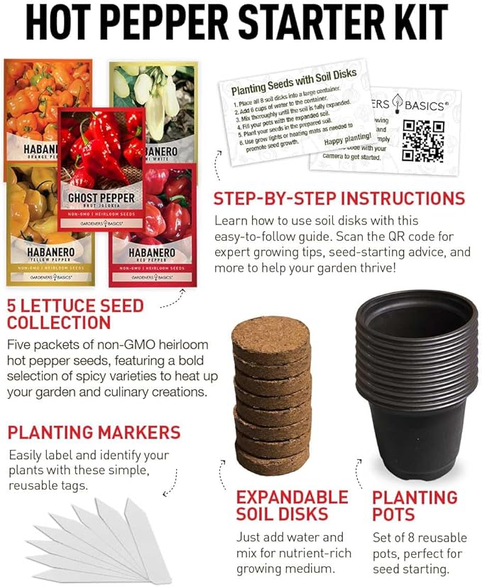 Hot Pepper Growing Kit – Grow Your Own Super Spicy Peppers – Non-GMO Heirloom Seeds, Complete Indoor Pepper Growing Kit and Outdoor, Perfect for Home Gardens & Hot Sauce Lovers