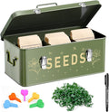 Seed Storage Organizer Box with 4 Compartments, Metal Seed Saving Box with Lockable Lid & Safety Locks, Includes 50 Seed Envelopes, 100 Plant Labels, 50 Clips & Marker (olive green)